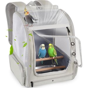 Halinfer Portable Front Zipper Opening Travel Cage Bird Carrier Backpack with Standing Perches & Metal Tray, 15 x 11 x 16-in, Grey