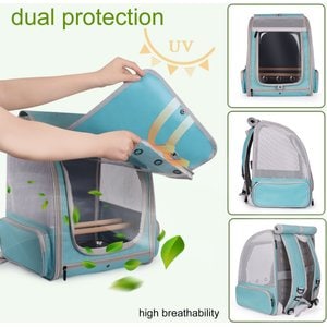Halinfer Portable Front Zipper Opening Travel Cage Bird Carrier Backpack with Standing Perches & Metal Tray, 15 x 11 x 16-in, Green