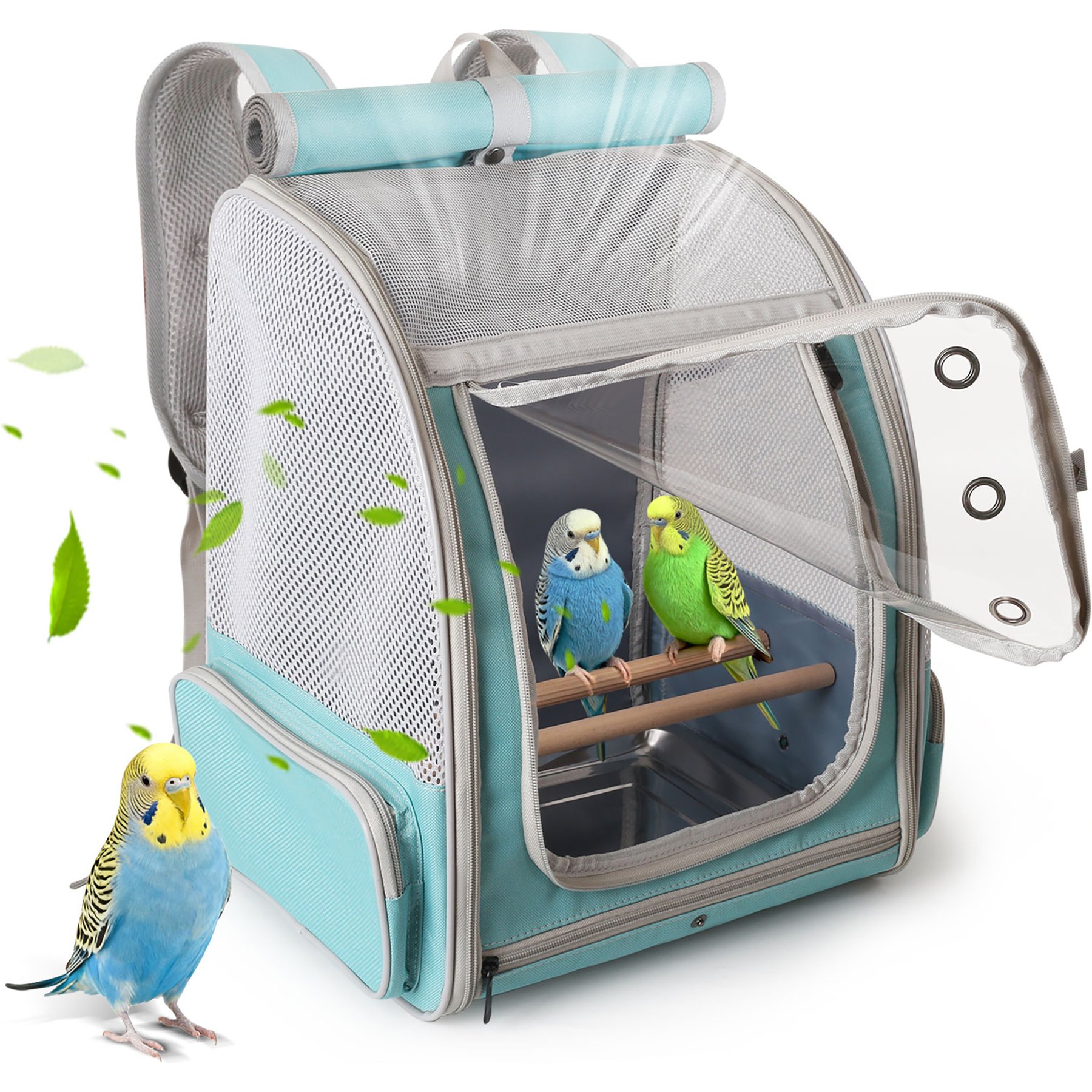 Halinfer Portable Front Zipper Opening Travel Cage Bird Carrier Backpack with Standing Perches & Metal Tray, 15 x 11 x 16-in, Green