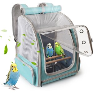 Halinfer Portable Front Zipper Opening Travel Cage Bird Carrier Backpack with Standing Perches & Metal Tray, 15 x 11 x 16-in, Green