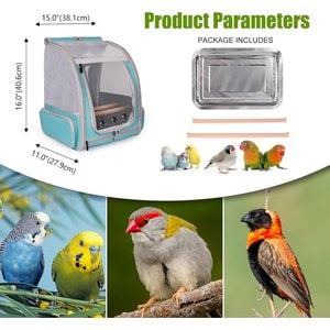 Halinfer Portable Front Zipper Opening Travel Cage Bird Carrier Backpack with Standing Perches & Metal Tray, 15 x 11 x 16-in, Green