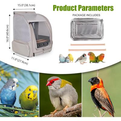 Show full view: Halinfer Portable Front Zipper Opening Travel Cage Bird Carrier Backpack with Standing Perches & Metal Tray, 15 x 11 x 16-in, Grey slide 3 of 9