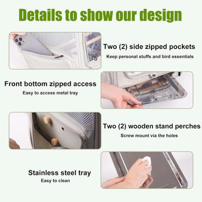 Show full view: Halinfer Portable Front Zipper Opening Travel Cage Bird Carrier Backpack with Standing Perches & Metal Tray, 15 x 11 x 16-in, Grey slide 5 of 9