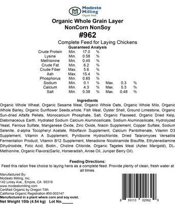 Show full view: Modesto Milling Organic 18% Protein Whole Grain Layer Chicken Feed, 10-lb bag slide 4 of 5