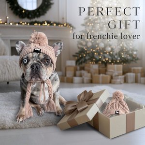 Fabulous Fido Beanie with Ear Holes & Adjustable Chin Strap Dog Knit Hat, Beige, Medium