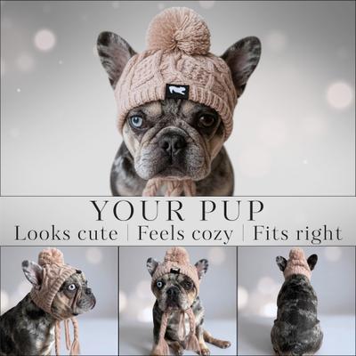 Show full view: Fabulous Fido Beanie with Ear Holes & Adjustable Chin Strap Dog Knit Hat, Beige, Medium slide 7 of 10