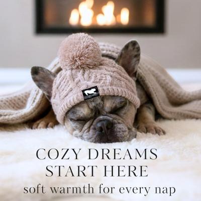 Show full view: Fabulous Fido Beanie with Ear Holes & Adjustable Chin Strap Dog Knit Hat, Beige, Medium slide 6 of 10