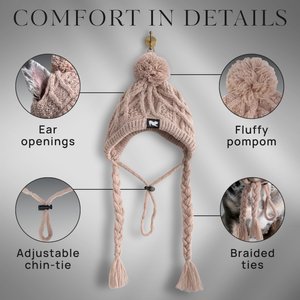 Fabulous Fido Beanie with Ear Holes & Adjustable Chin Strap Dog Knit Hat, Beige, Medium