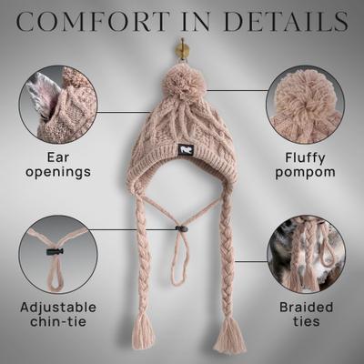 Show full view: Fabulous Fido Beanie with Ear Holes & Adjustable Chin Strap Dog Knit Hat, Beige, Medium slide 3 of 10