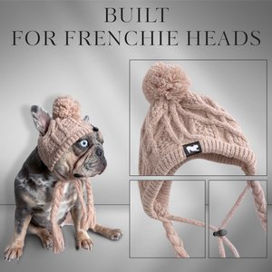Fabulous Fido Beanie with Ear Holes & Adjustable Chin Strap Dog Knit Hat, Beige, Medium