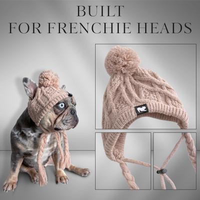 Show full view: Fabulous Fido Beanie with Ear Holes & Adjustable Chin Strap Dog Knit Hat, Beige, Medium slide 4 of 10