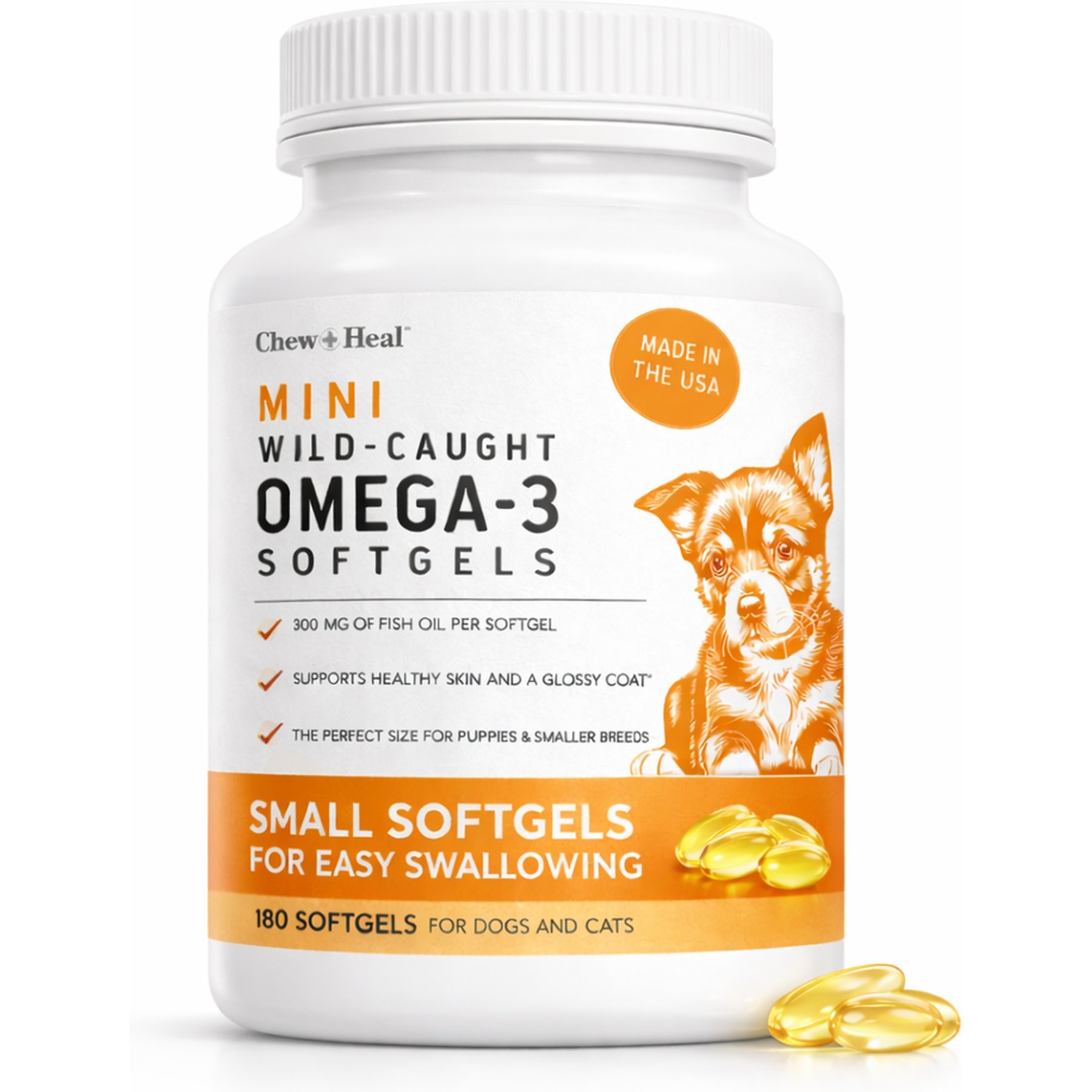 Chew + Heal Mini Wild-Caught Omega-3 Softgels Skin & Coat Supplement for Puppies, 180 count