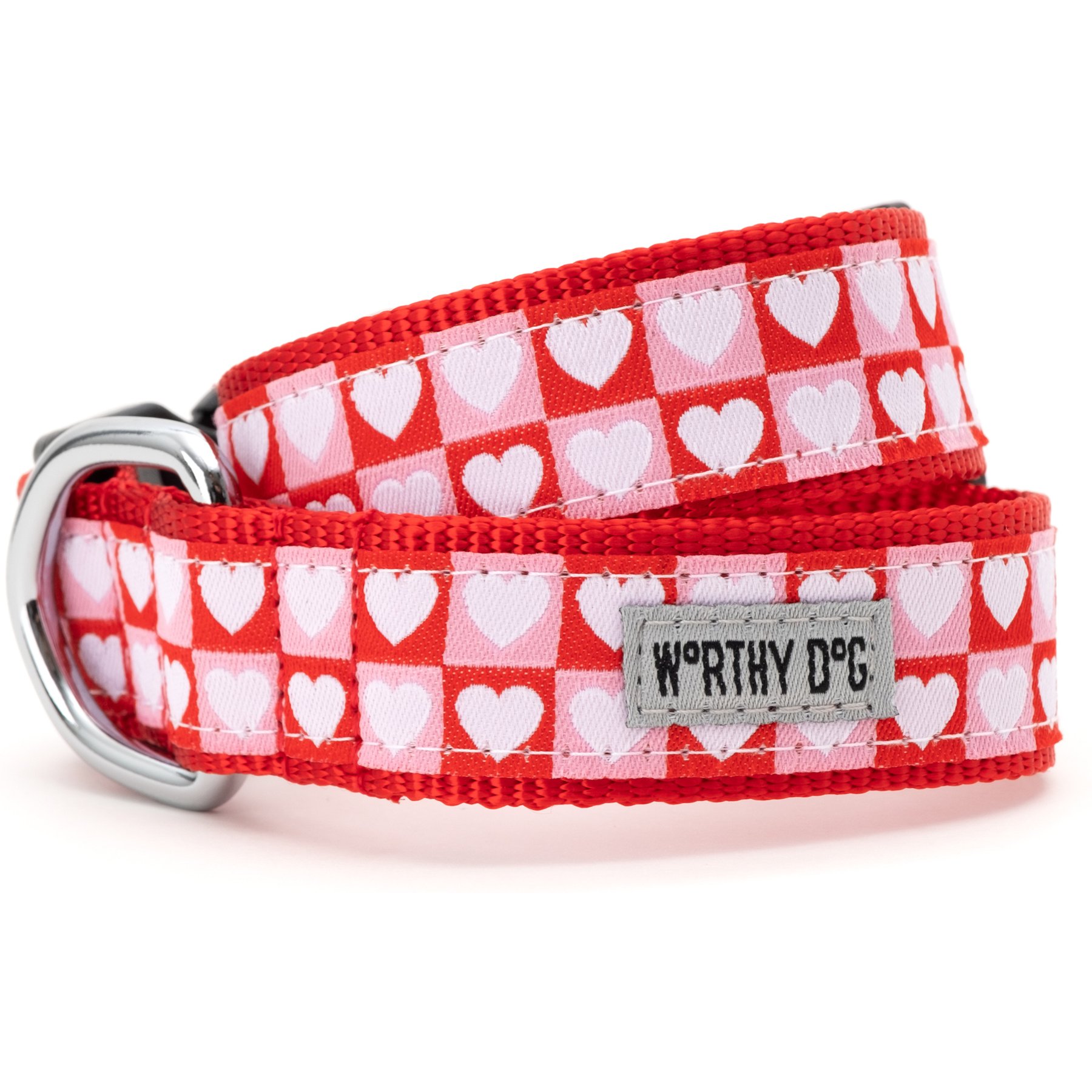 The Worthy Dog Colorblock Hearts Adjustable Dog Collar, Red/Pink, Medium