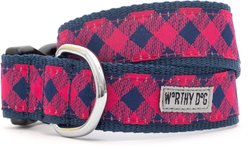 The Worthy Dog Bias Buffalo Plaid Adjustable Dog Collar, Navy/Pink, X-Large