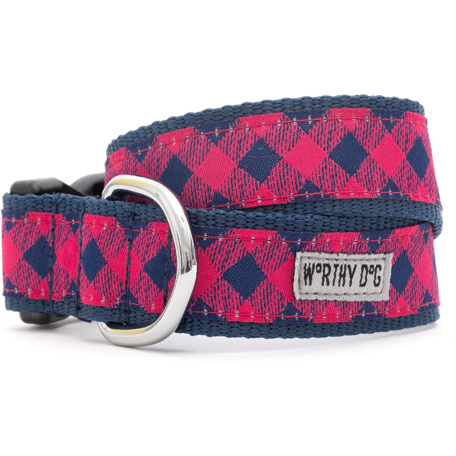 The Worthy Dog Bias Buffalo Plaid Adjustable Dog Collar, Navy/Pink, X-Small
