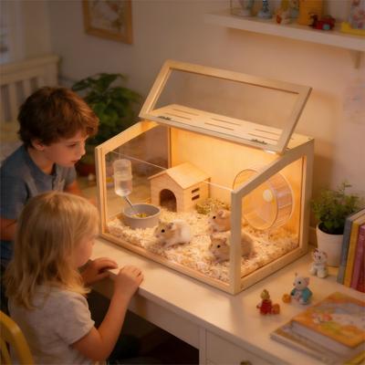 Show full view: Wisfor Clear Acrylic Openable Top Wooden Hamster Cage with Warm Light, 31.5 x 15.7 x 15.7-in slide 2 of 10
