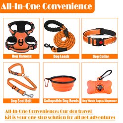 Lobeve Reflective Nylon No Pull Training Dog Harness, Collar & Leash Set with Retractable Seat Belt, Collapsible Bowls & Poop Bag Dispenser, Orange, Medium: 16 to 27-in chest slide 2 of 8