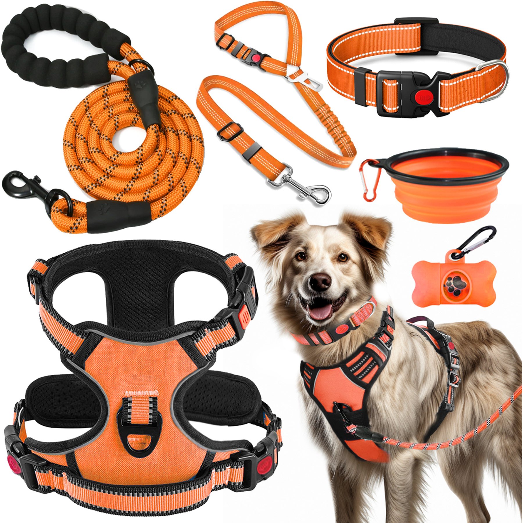 Lobeve Reflective Nylon No Pull Training Dog Harness, Collar & Leash Set with Retractable Seat Belt, Collapsible Bowls & Poop Bag Dispenser, Orange, Large: 20 to 33-in chest