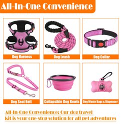 Lobeve Reflective Nylon No Pull Training Dog Harness, Collar & Leash Set with Retractable Seat Belt, Collapsible Bowls & Poop Bag Dispenser, Pink, Small: 15 to 23-in chest slide 2 of 8