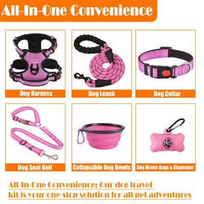 Show full view: Lobeve Reflective Nylon No Pull Training Dog Harness, Collar & Leash Set with Retractable Seat Belt, Collapsible Bowls & Poop Bag Dispenser, Pink, Medium: 16 to 27-in chest slide 3 of 10