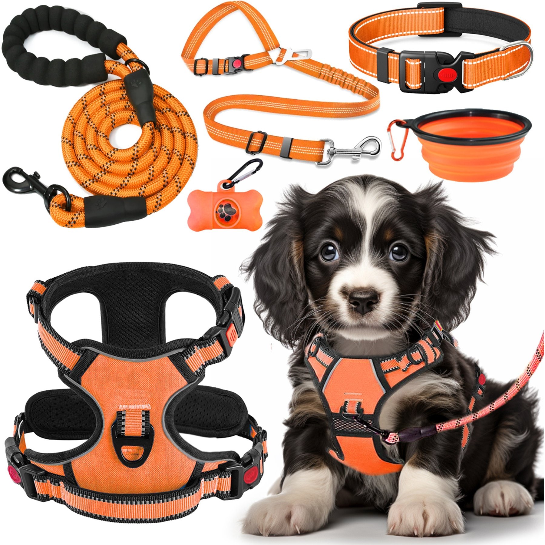 Lobeve Reflective Nylon No Pull Training Dog Harness, Collar & Leash Set with Retractable Seat Belt, Collapsible Bowls & Poop Bag Dispenser, Orange, Small: 15 to 23-in chest