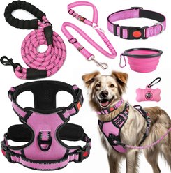 Lobeve Reflective Nylon No Pull Training Dog Harness, Collar & Leash Set with Retractable Seat Belt, Collapsible Bowls & Poop Bag Dispenser, Pink, Large: 20 to 33-in chest
