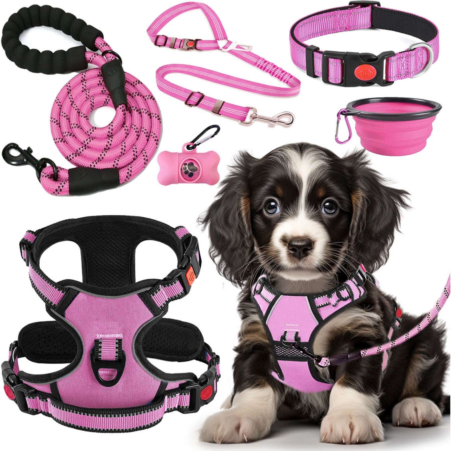 Lobeve Reflective Nylon No Pull Training Dog Harness, Collar & Leash Set with Retractable Seat Belt, Collapsible Bowls & Poop Bag Dispenser, Pink, Medium: 16 to 27-in chest