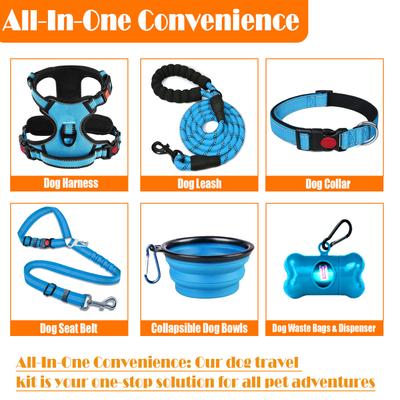 Show full view: Lobeve Reflective Nylon No Pull Training Dog Harness, Collar & Leash Set with Retractable Seat Belt, Collapsible Bowls & Poop Bag Dispenser, Blue, Large: 20 to 33-in chest slide 2 of 9