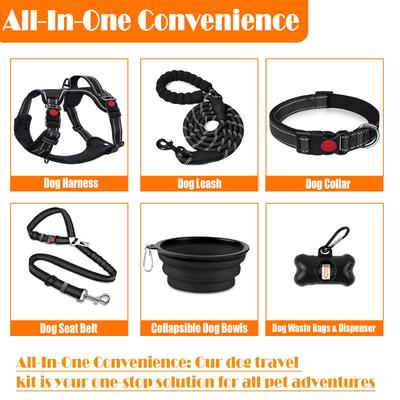 Show full view: Lobeve Reflective Nylon No Pull Training Dog Harness, Collar & Leash Set with Retractable Seat Belt, Collapsible Bowls & Poop Bag Dispenser, Black, Small: 15 to 23-in chest slide 2 of 9