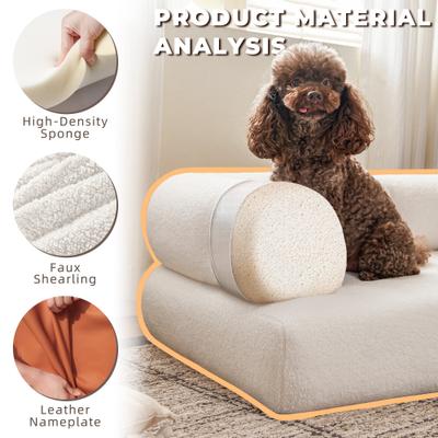 Show full view: ATJafurn Indoor Faux Shearling Sofa Furniture Style Elevated Dog & Cat Couch Bed with Leather Nameplate, White, Large slide 8 of 9