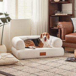 ATJafurn Indoor Faux Shearling Sofa Furniture Style Elevated Dog & Cat Couch Bed with Leather Nameplate, White, Large