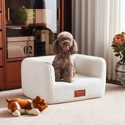 ATJafurn Indoor Faux Shearling Sofa Furniture Style Elevated Dog & Cat Couch Bed with Leather Nameplate, White, Small slide 1 of 9