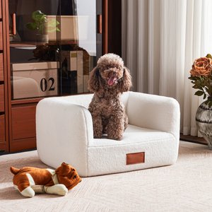 ATJafurn Indoor Faux Shearling Sofa Furniture Style Elevated Dog & Cat Couch Bed with Leather Nameplate, White, Small