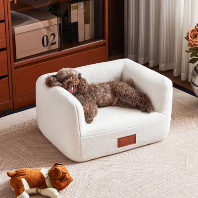 Show full view: ATJafurn Indoor Faux Shearling Sofa Furniture Style Elevated Dog & Cat Couch Bed with Leather Nameplate, White, Small slide 2 of 9