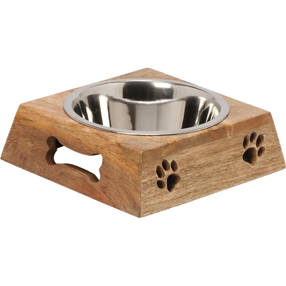 10 Strawberry Street Milo Square Mango Wood Pet Diner Dog Bowl, Wood Grain/Silver/Black, 16-oz