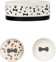 10 Strawberry Street Bone & Paw Banded Pet Dog Dish, White/Black, 2 count, 28-oz