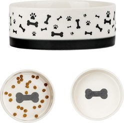 10 Strawberry Street Bone & Paw Banded Pet Dog Dish, White/Black, 2 count, 48-oz