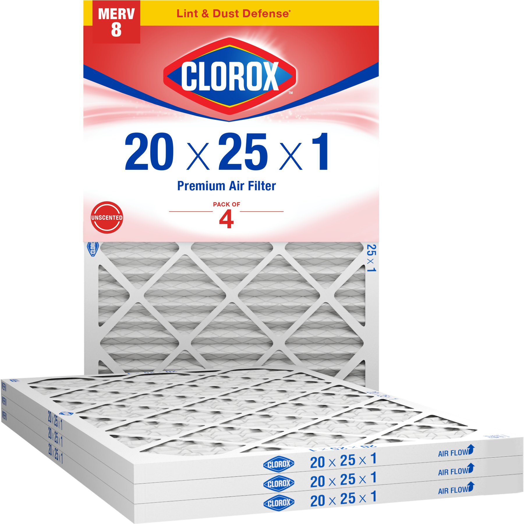 Clorox Air Filters MPR600 & FPR 5 MERV 8 Pleated HVAC AC Furnace Air Filters, 20 x 25 x 1-in, 4 count