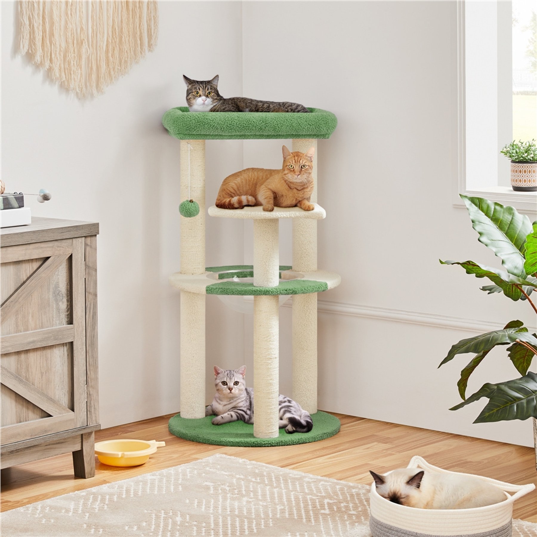 Yaheetech 35.5-in Cat Tree with Space Capsule & Two Scratching Post for Kittens, Army Green/Beige