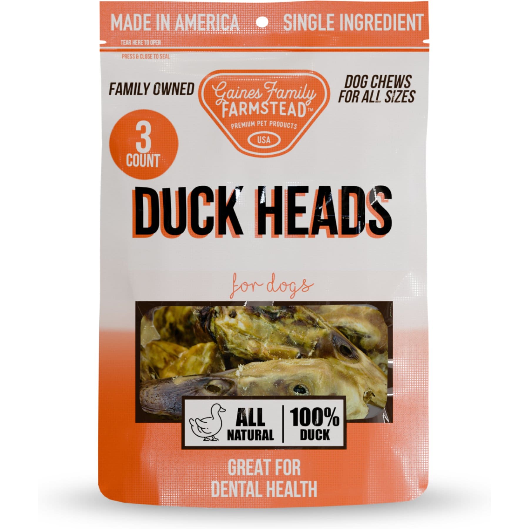 Gaines Family Farmstead Duck Heads Grain-Free Dehydrated Dog Treats, 3 count
