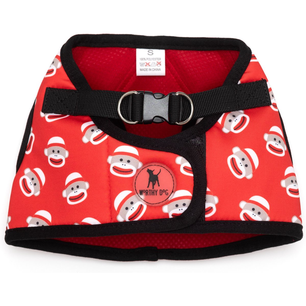 The Worthy Dog Sock Monkey Sidekick Dog Harness, Red, Large