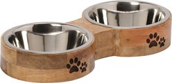 10 Strawberry Street Willow Mango Wood Pet Diner Dog Bowl, Wood Grain/Silver, 2 count, 32-oz
