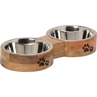 10 Strawberry Street 10 Strawberry Street Willow Mango Wood Pet Diner Dog Bowl, Wood Grain/Silver, 2 count, 32-oz