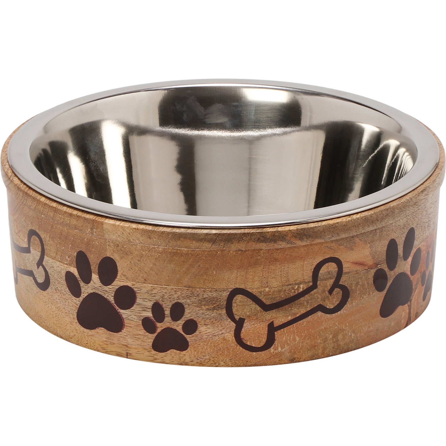 10 Strawberry Street Tucker Mango Wood Pet Diner Dog Bowl, Wood Grain/Silver, 32-oz