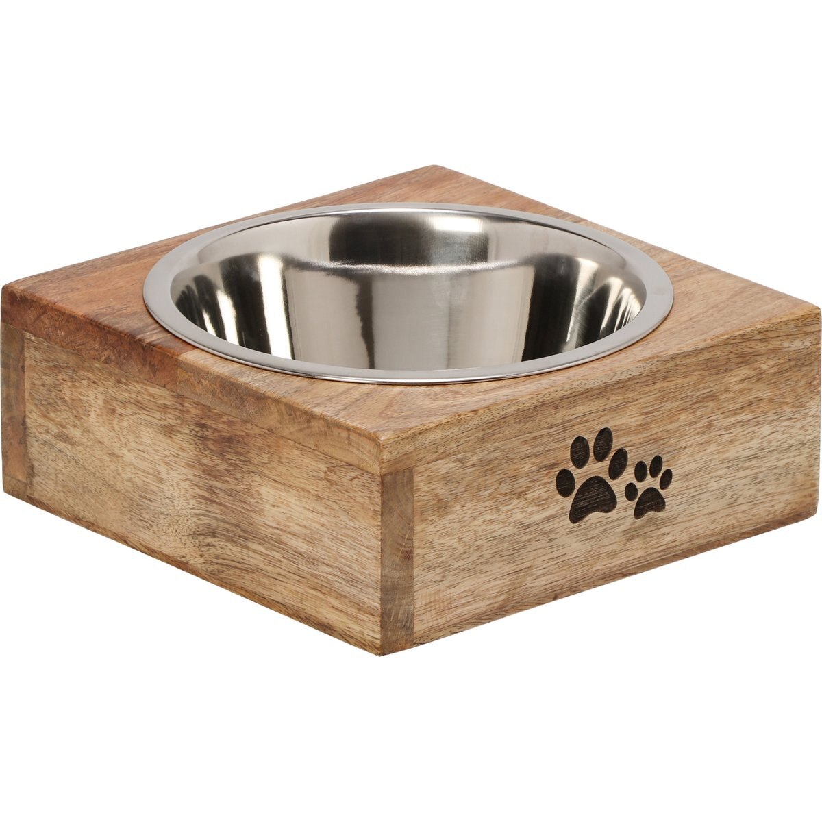 10 Strawberry Street Goldie Square Mango Wood Pet Diner Dog Bowl, Wood Grain/Silver/Black, 64-oz