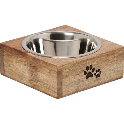 10 Strawberry Street 10 Strawberry Street Goldie Square Mango Wood Pet Diner Dog Bowl, Wood Grain/Silver/Black, 64-oz