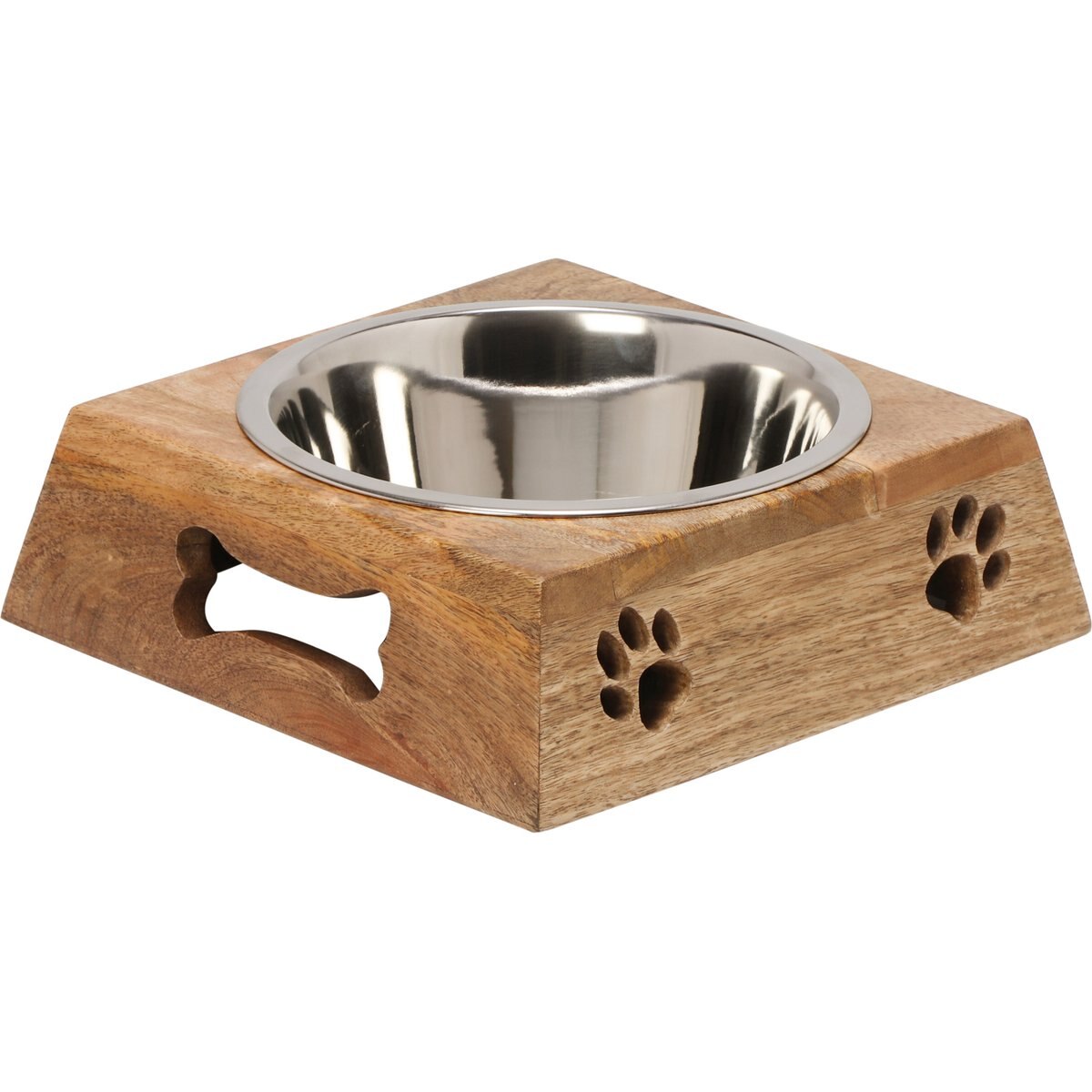 10 Strawberry Street Milo Square Mango Wood Pet Diner Dog Bowl, Wood Grain/Silver/Black, 32-oz