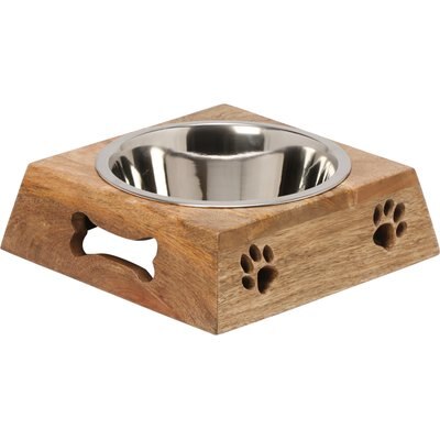 10 Strawberry Street 10 Strawberry Street Milo Square Mango Wood Pet Diner Dog Bowl, Wood Grain/Silver/Black, 32-oz