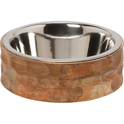 10 Strawberry Street 10 Strawberry Street Abby Mango Wood Pet Diner Dog Bowl, Wood Grain/Silver, 32-oz
