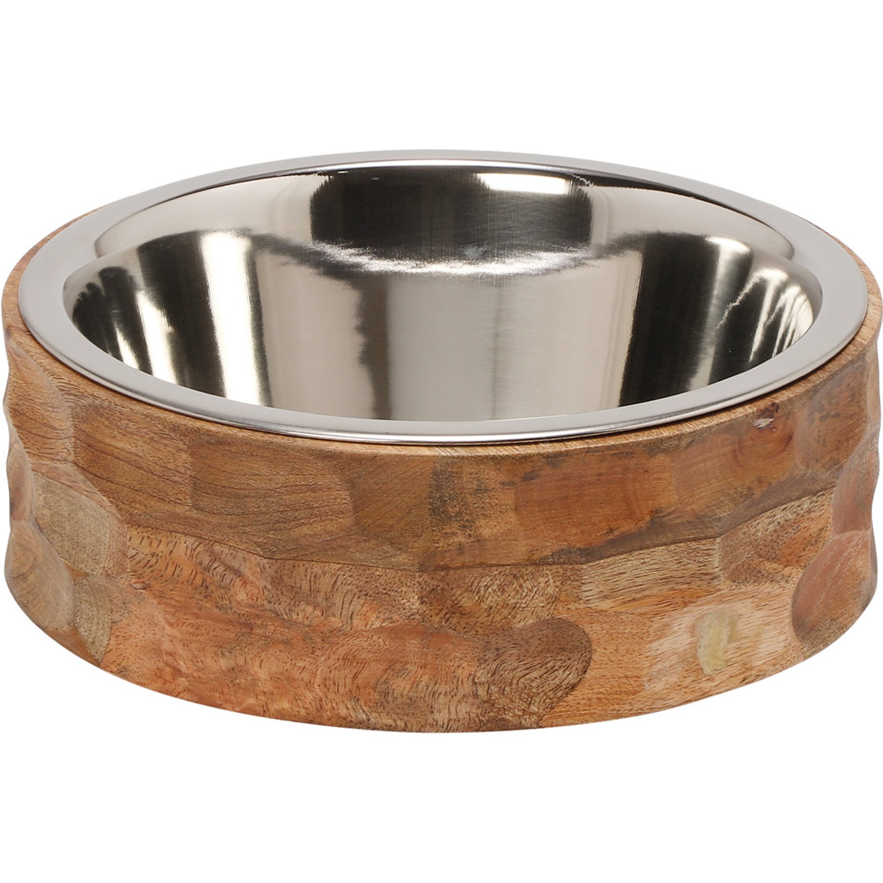10 Strawberry Street Abby Mango Wood Pet Diner Dog Bowl, Wood Grain/Silver, 16-oz